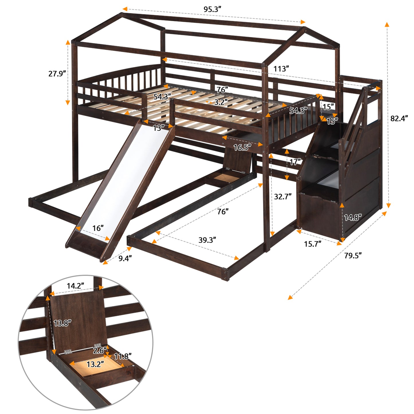 Versatile Full over Twin & Twin Bunk Bed in Espresso with Slide and Storage Staircase