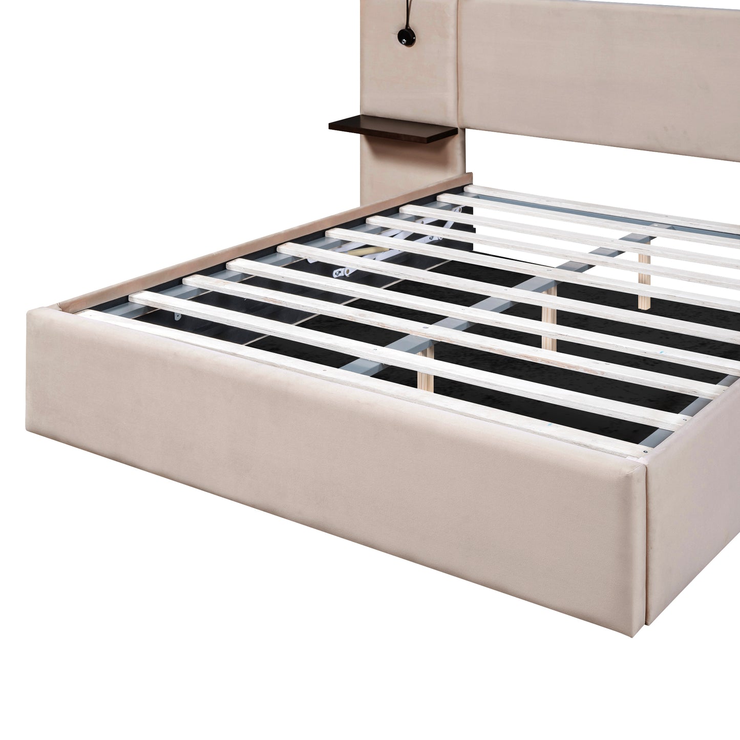 Queen Size Storage Upholstered Hydraulic Platform Bed with 2 Shelves, 2 Lights and USB, Beige