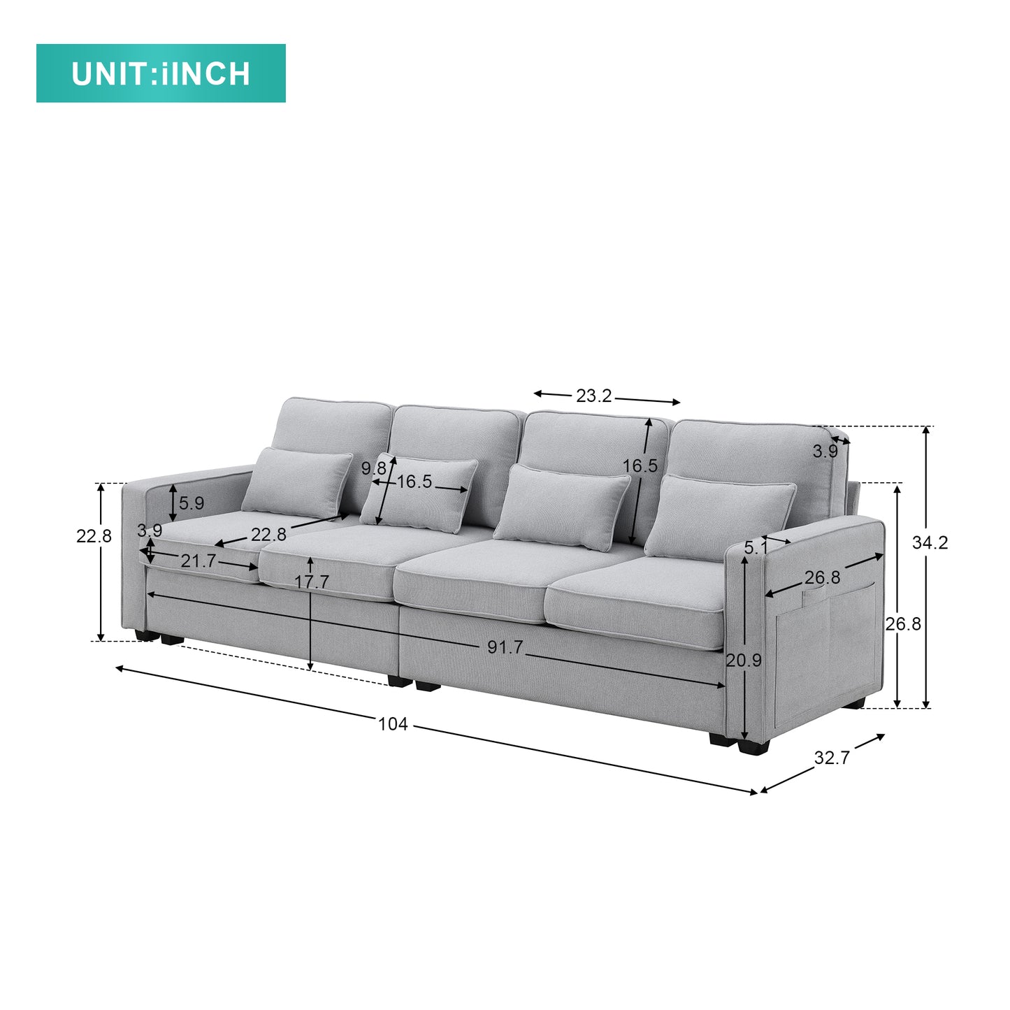 Spacious 4-Seater Linen Fabric Sofa with Armrest Pockets and 4 Pillows