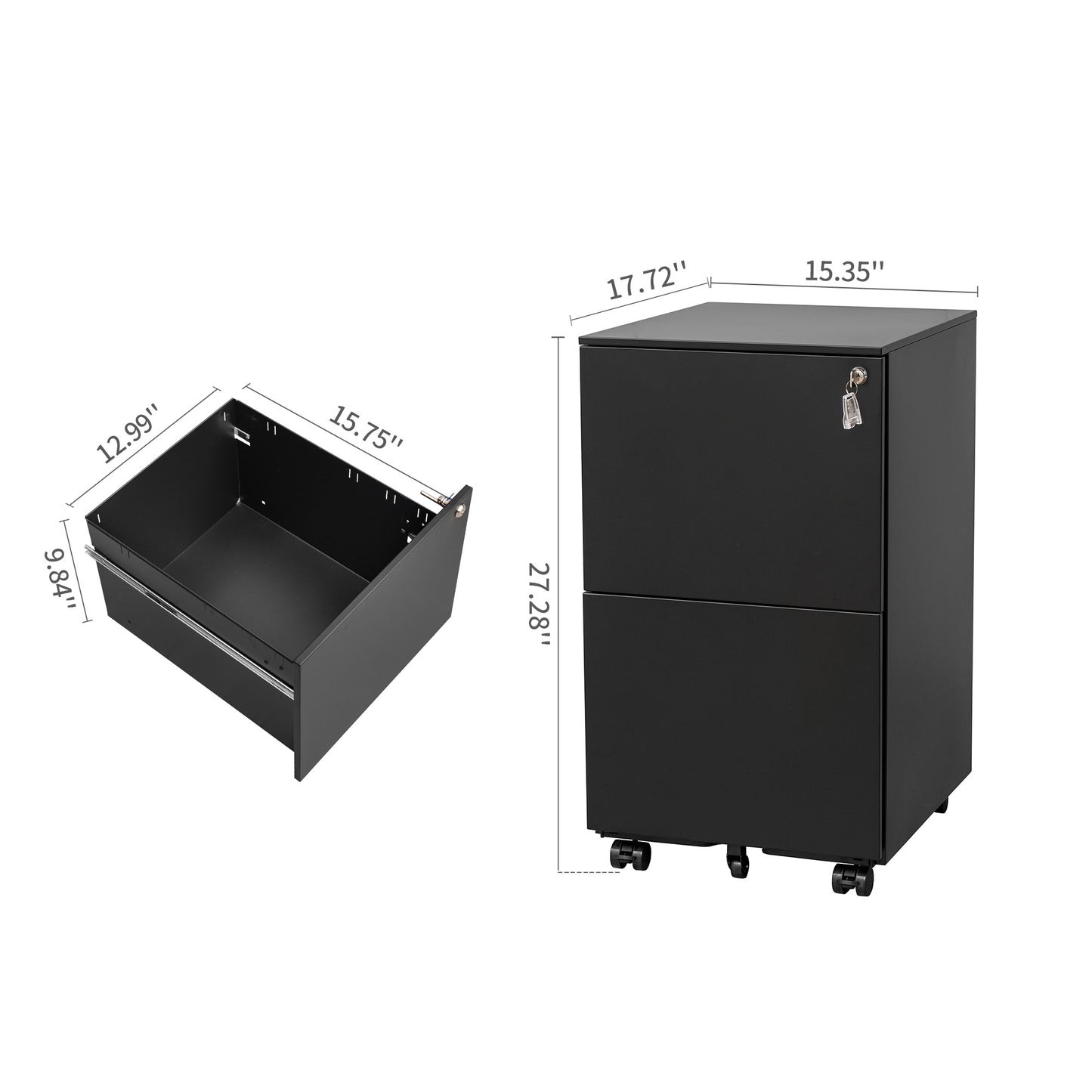 Steel Mobile Filing Cabinet with Lock, 2 Drawers, Anti-tilt Wheels