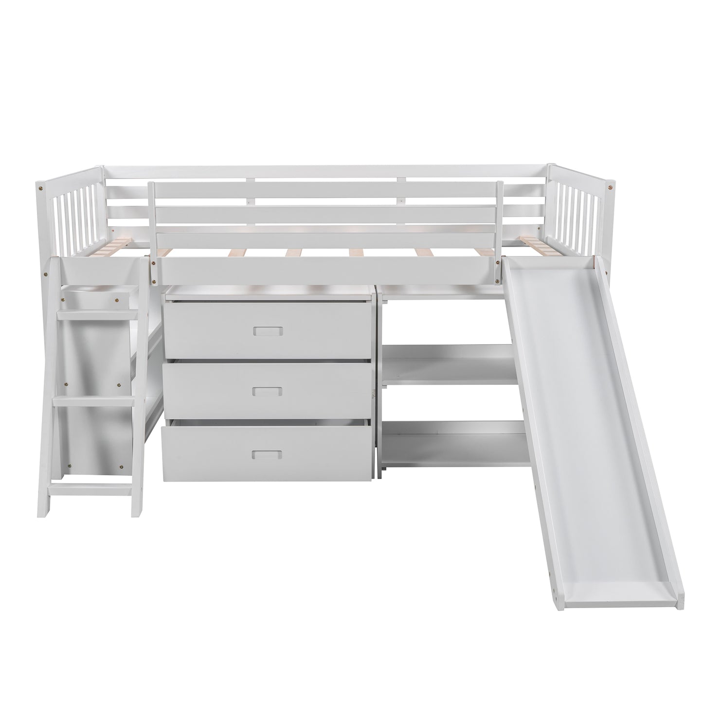 Low Loft Bed with Attached Bookcases and Separate 3-tier Drawers,Convertible Ladder and Slide,Twin,White