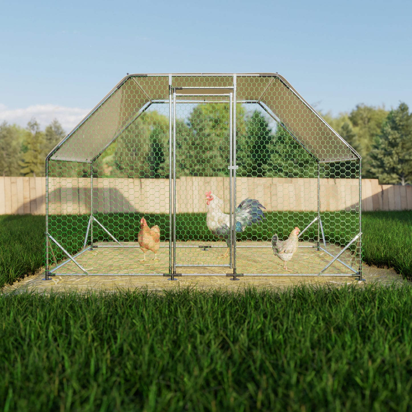 Metal Large Chicken Coop Walk-in Poultry Cage Run Flat Shaped with Waterproof  9.94'L x 6.46'W x 6.36'ft