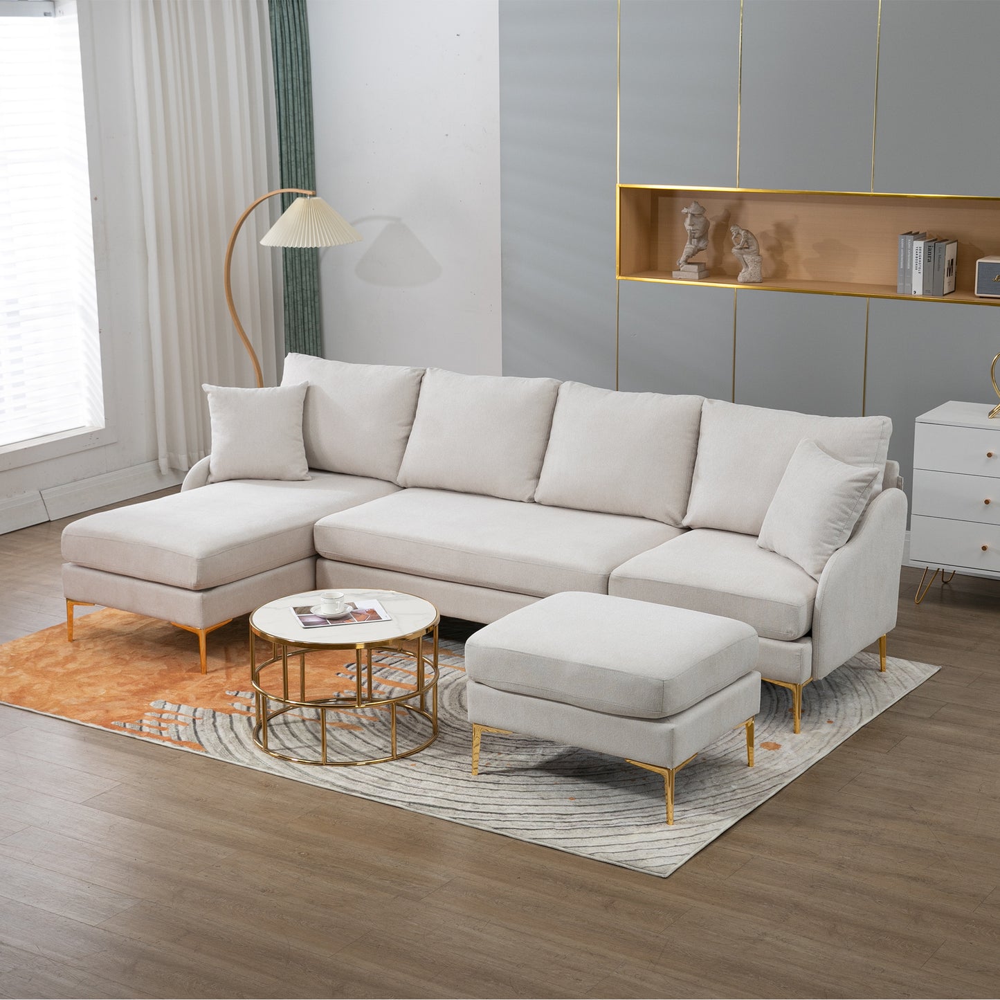 110'' Wide Reversible Sectional Sofa with Chaise Lounge - Beige Polyester Blend