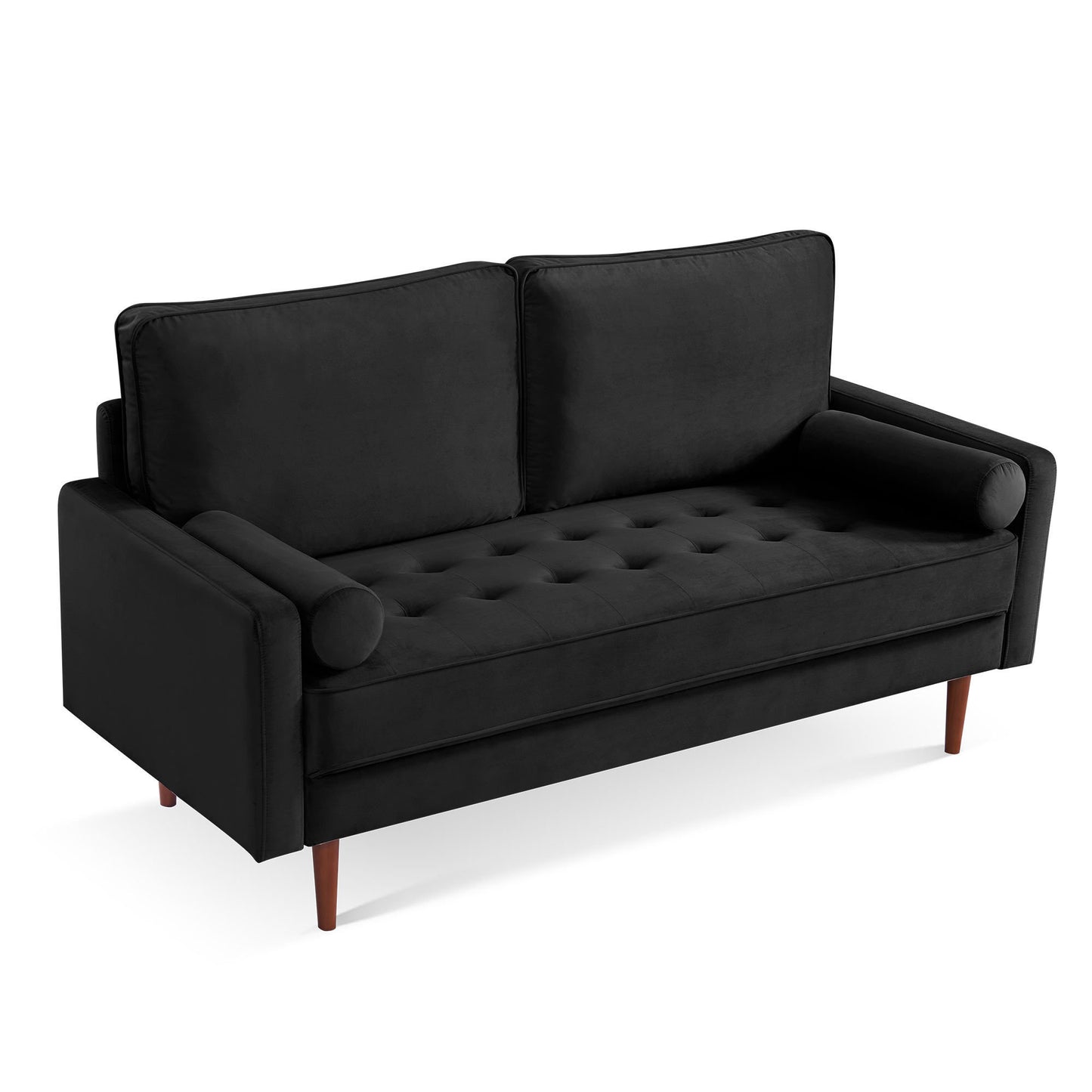 Modern Black Velvet Upholstered 3-Seater Sofa with Bolster Pillows