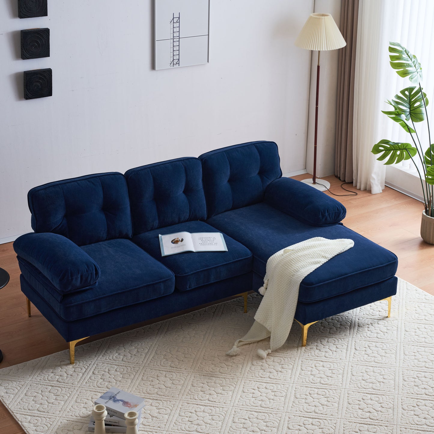 83 Blue Velvet L-Shaped Sectional Sofa with Mid-Century Modern Vibes