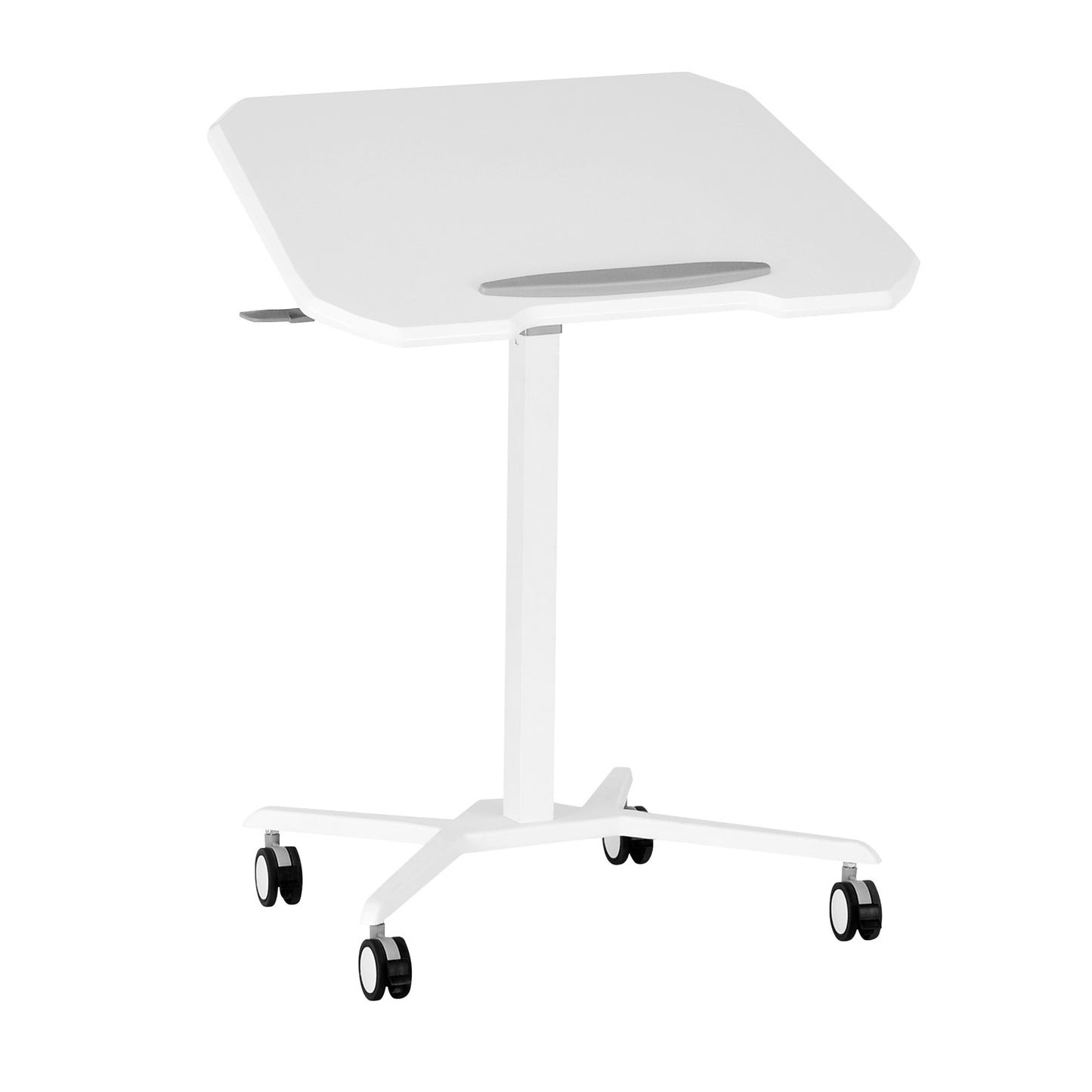 Adjustable White Laptop Stand with Tilt Tabletop and Rolling Mechanism