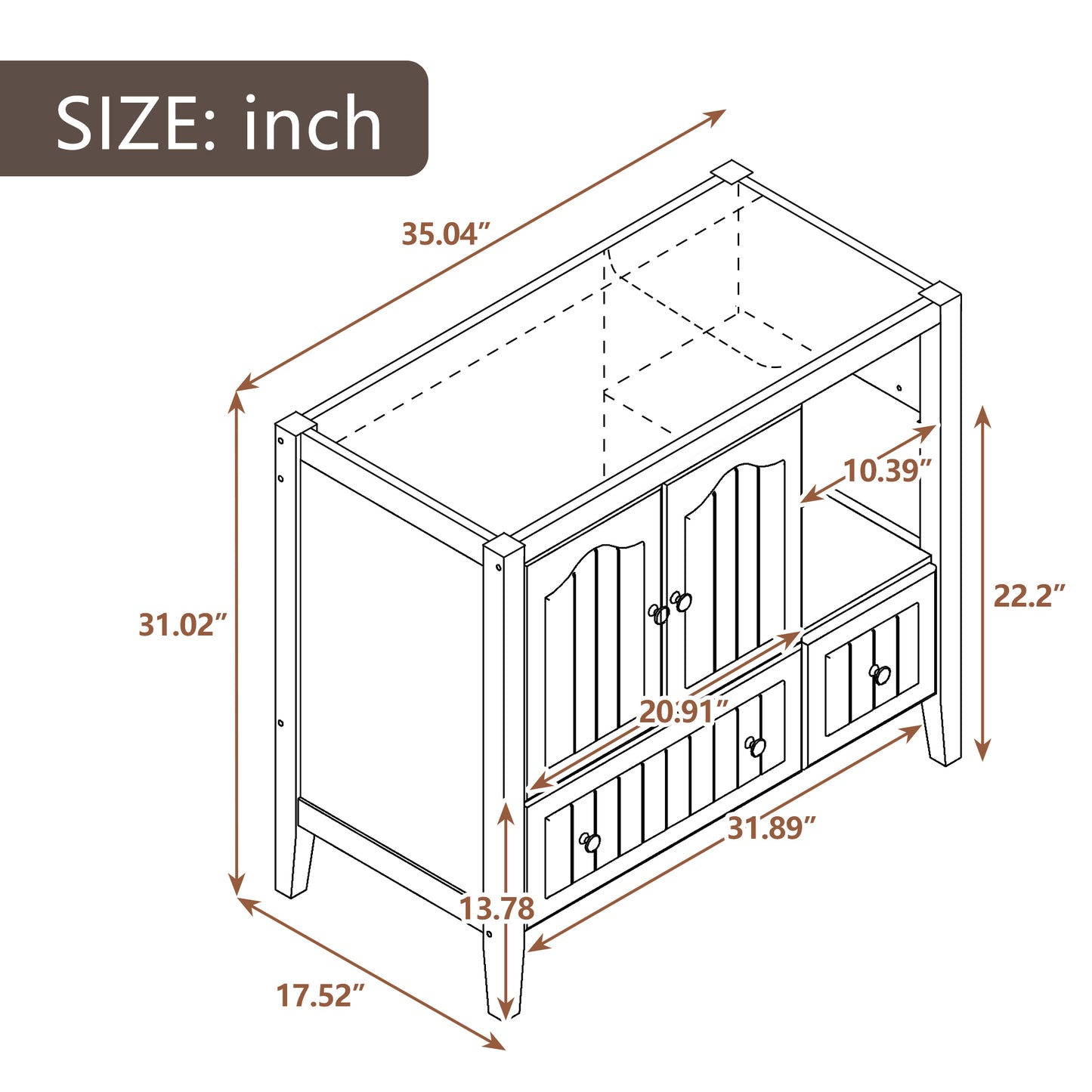 36" Bathroom Vanity Base Only, Solid Wood Frame and MDF Boards, Brown