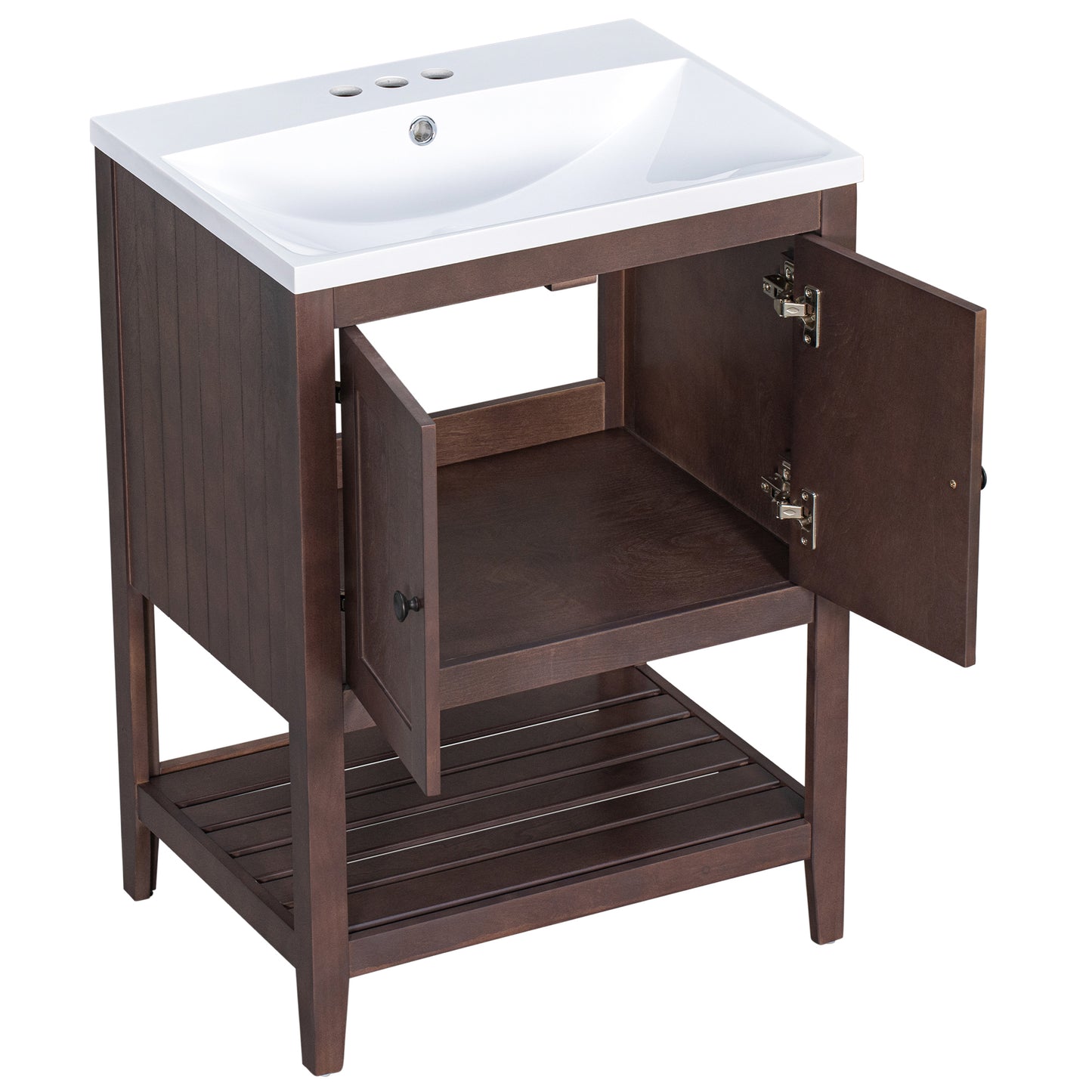 24" Brown Modern Sleek Bathroom Vanity Elegant Ceramic Sink with Solid Wood Frame Open Style Shelf