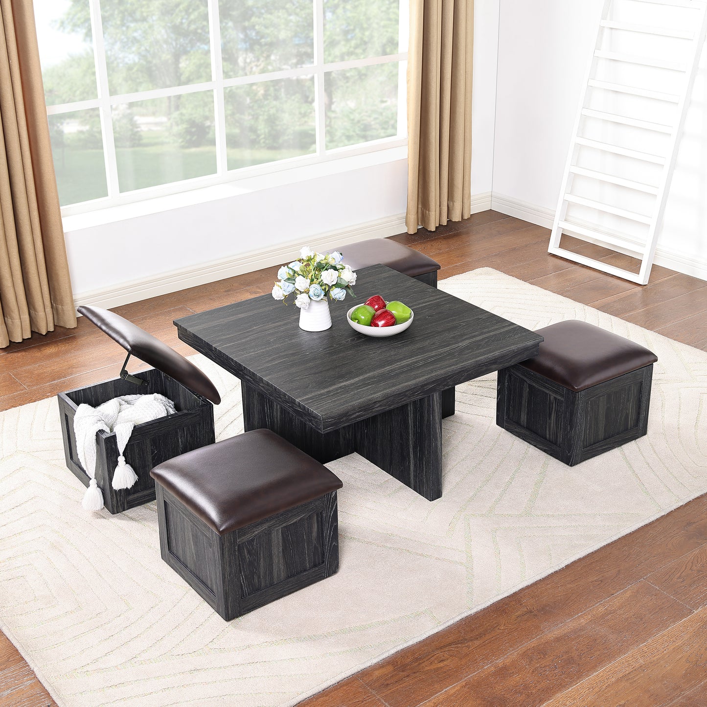 Versatile Coffee Table Set with 4 Storage Stools and Space-Saving Design