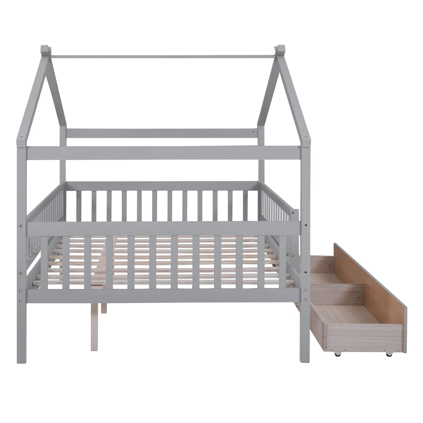 Full Size Wooden House Bed with Two Drawers,Gray