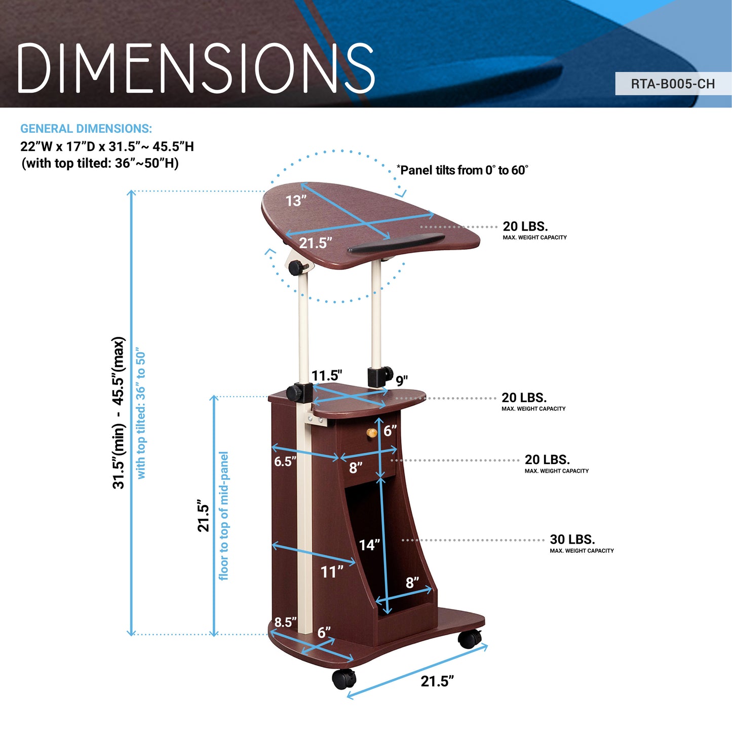 Sit-to-Stand Laptop Cart with Adjustable Height and Storage in Chocolate Finish