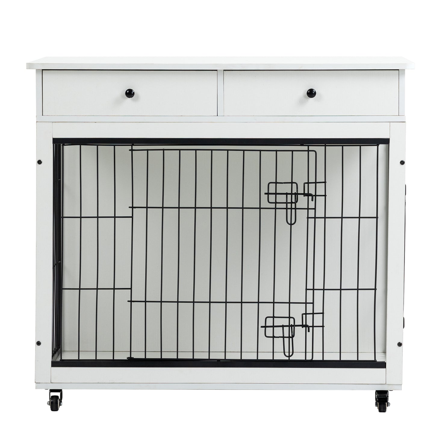 Dog Crate Furniture, Wooden Dog House, Decorative Dog Kennel with Drawer, Indoor Pet Crate End Table for Small Dog, Steel-Tube Dog Cage, Chew-Proof, White 31.7" L×23.2" W×33" H