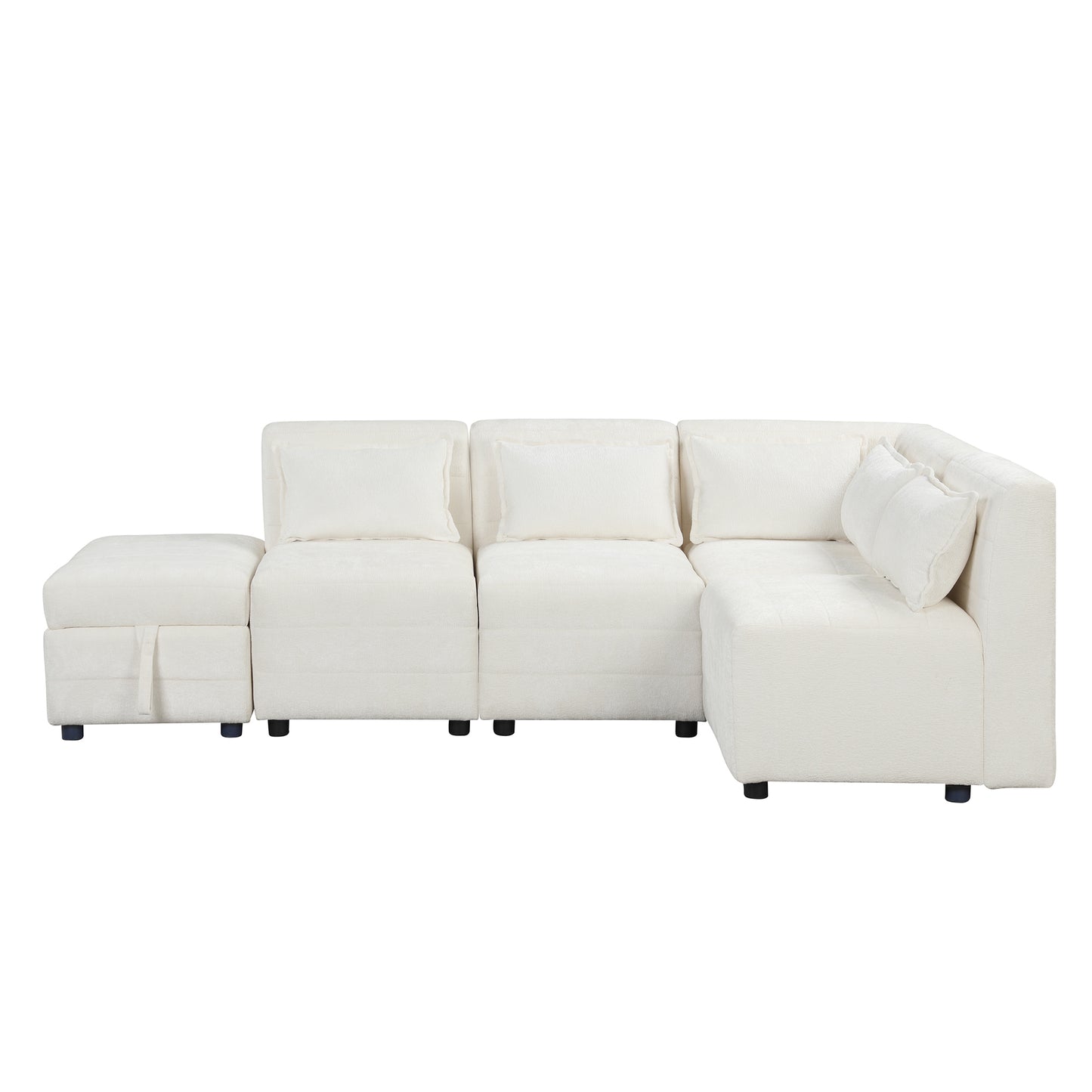 Cream 5-Seater Modular Sectional Sofa with Storage Ottoman and 5 Pillows