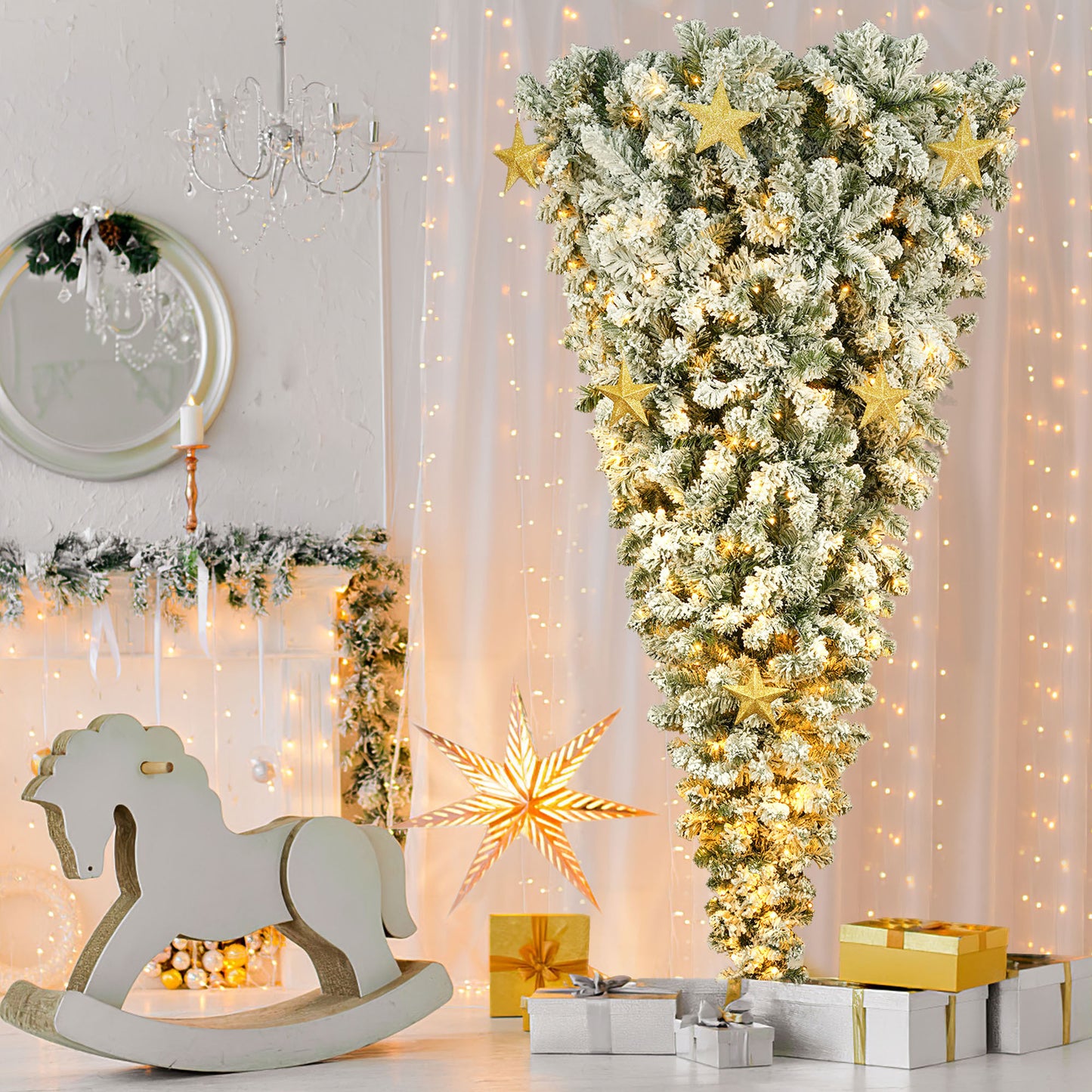 GO 6 FT Triangular Green PVC Christmas Tree with Warm LED Lights, White Flocking, and Golden Star Decorations