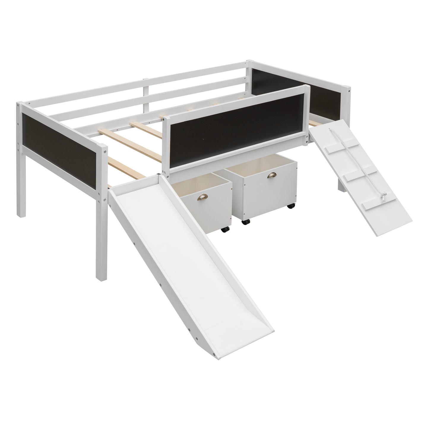 Twin size Loft Bed Wood Bed with Two Storage Boxes - White