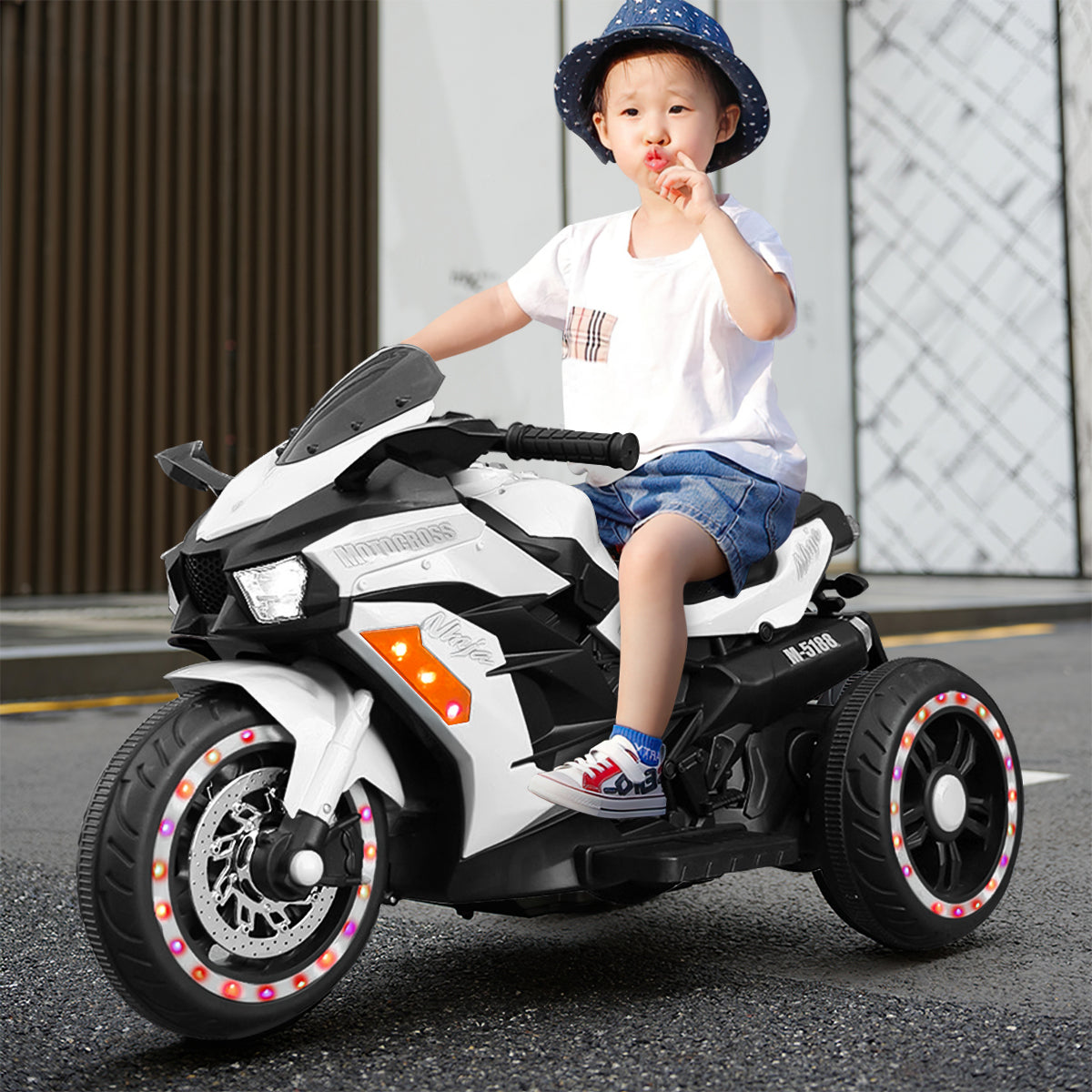 Rechargeable 12V White 3-Wheel Electric Motorcycle for Kids