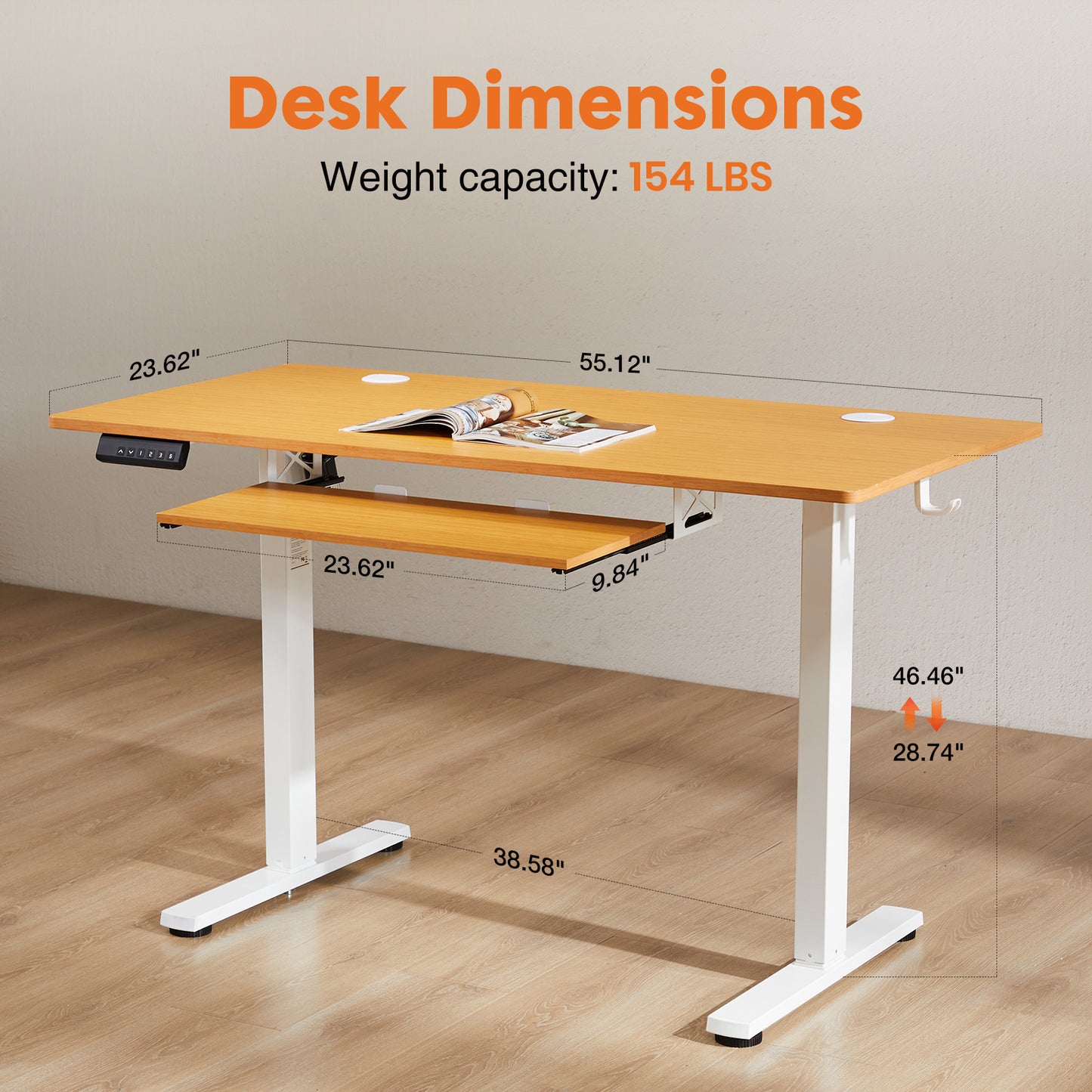 Electric Sit-Stand Desk with Keyboard Tray - Adjustable Height, Natural Wood and Metal Frame, 55 x 24 Inches