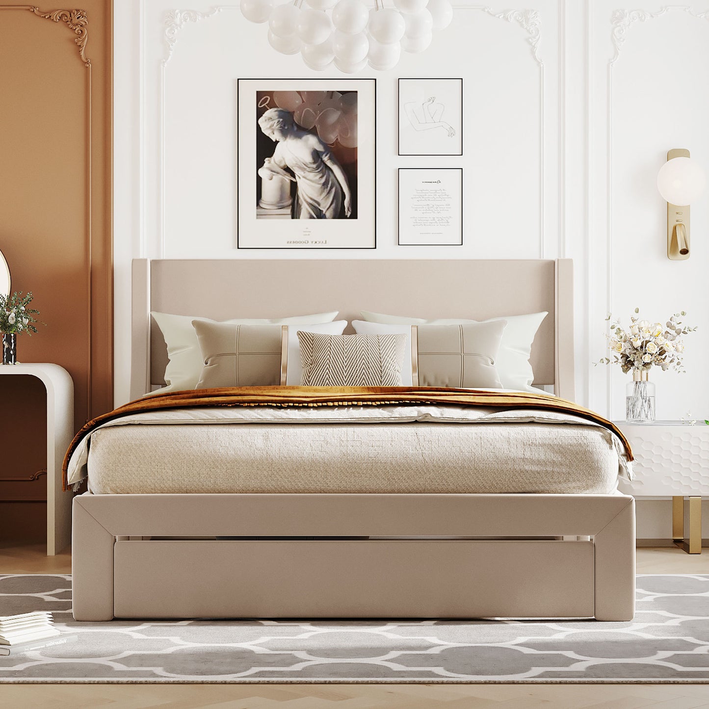 Queen Size Storage Bed Velvet Upholstered Platform Bed with a Big Drawer - Beige