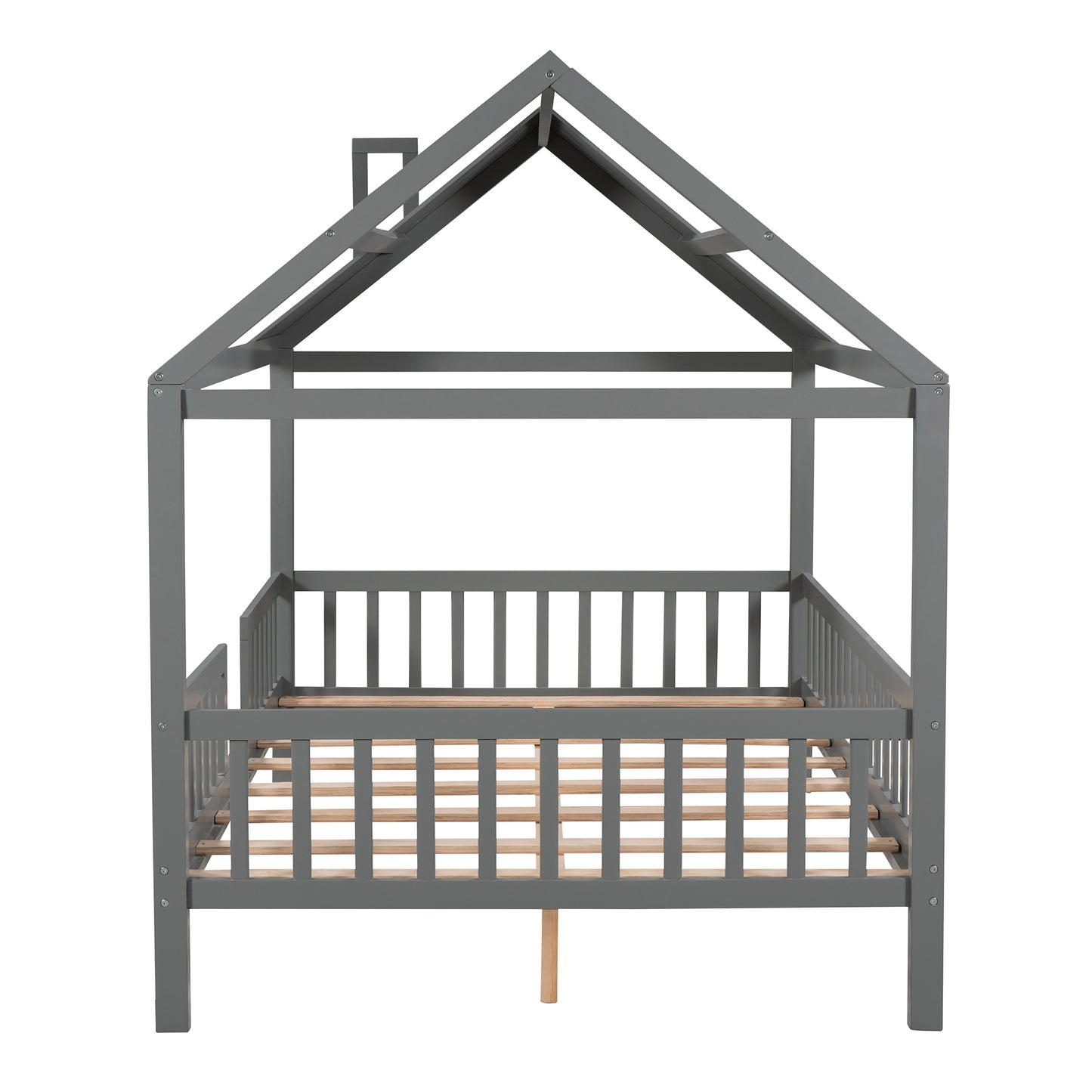 Full Size Wood House Bed with Fence, Gray