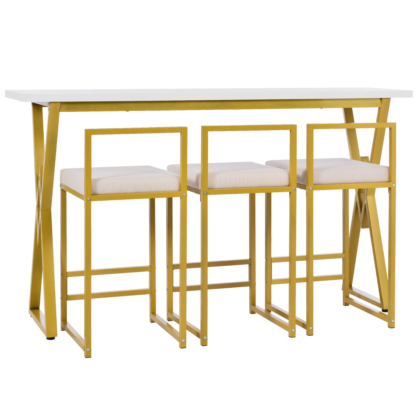 Modern 4-Piece Counter Height Extra Long Console Bar Dining Table Set with 3 Padded Stools for Small Places, Gold