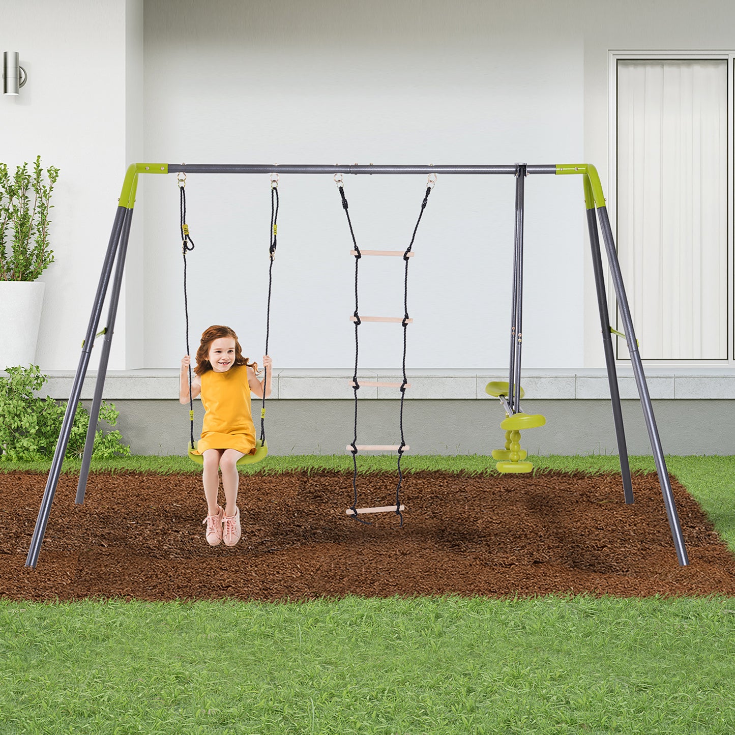 3-in-1 Kids Metal Swing Set for Backyard with Swing, Glider, and Climbing Ladder