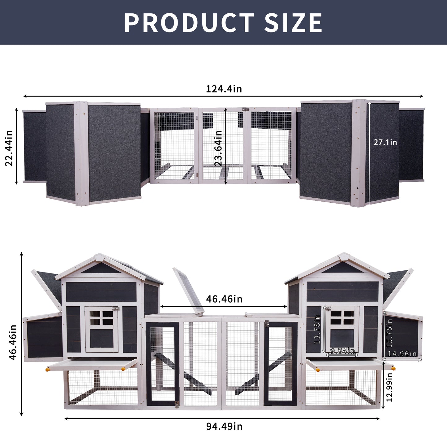 Outdoor Wooden Chicken Coop, 124" Large Hen Cage Rabbit House, Bunny Hutch with Ventilation Door, Removable Ramp Garden Backyard Pet House Chicken Nesting Box (Gray+White)