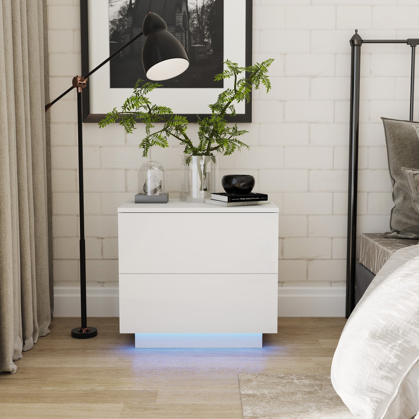 Contemporary White Nightstand with LED Lit Drawers