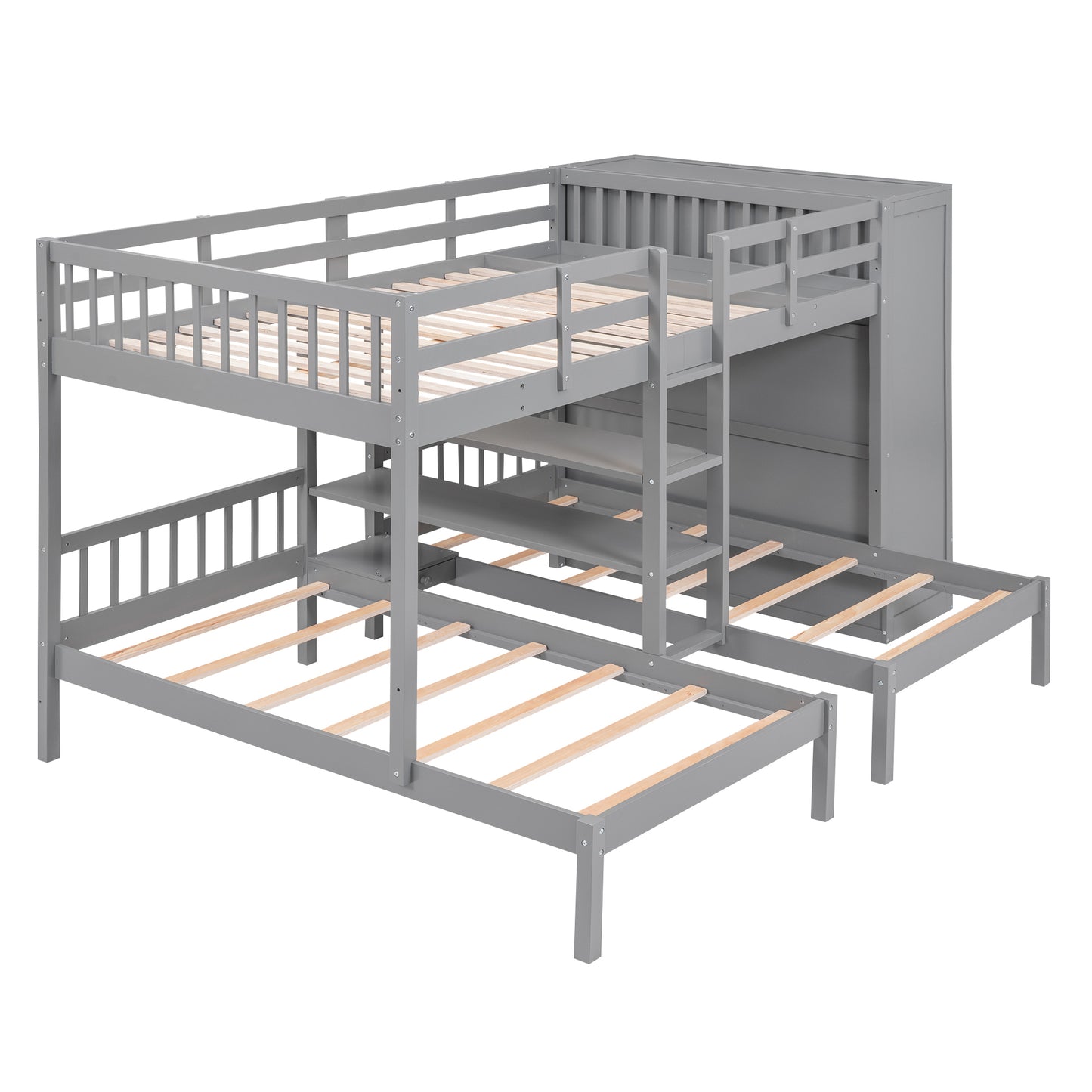 Gray Twin-Twin over Full Bunk Bed with Shelves, Wardrobe, Mirror