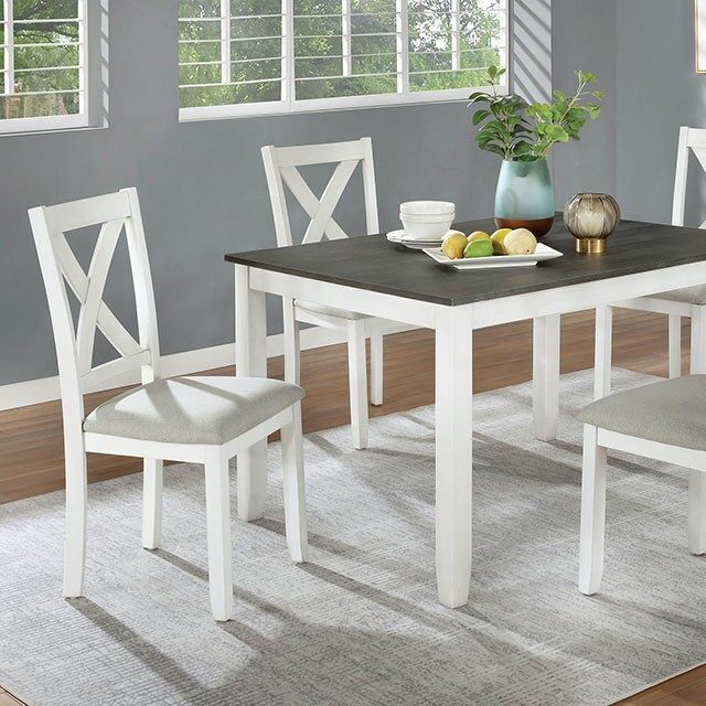 Rustic Simple Dinette 5pc Set Distressed White And Gray Dining Table 4x Side Chairs Padded Fabric Seat Natural Wood Grain Texture Dining Room Furniture