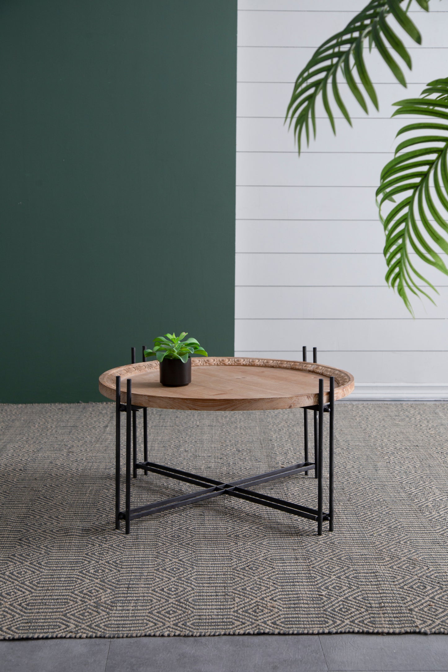 Round Wooden Coffee Table with Modern Metal Legs