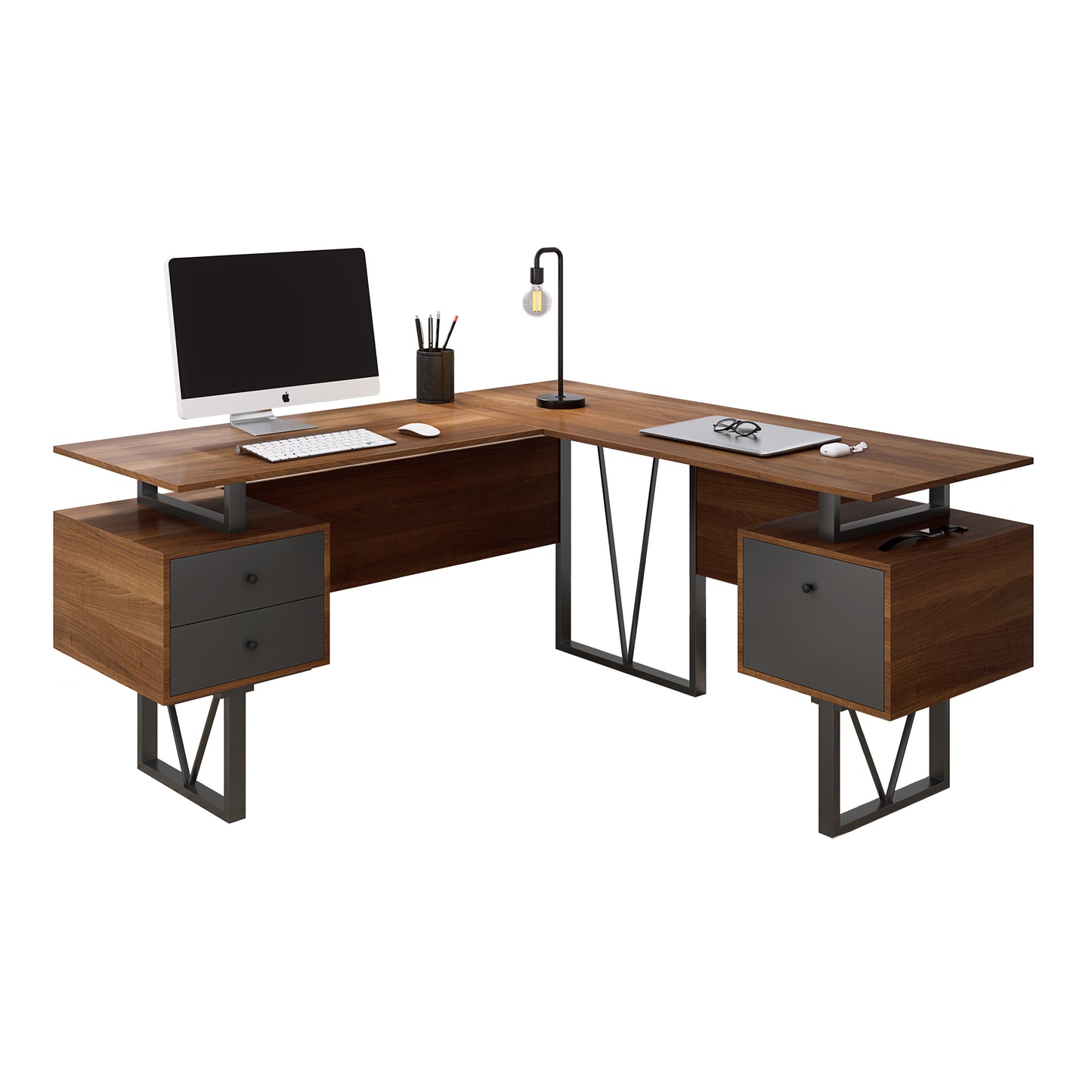 L-Shaped Computer Desk with Walnut Finish, File Cabinet, and Reversible Panels - Contemporary Industrial Design