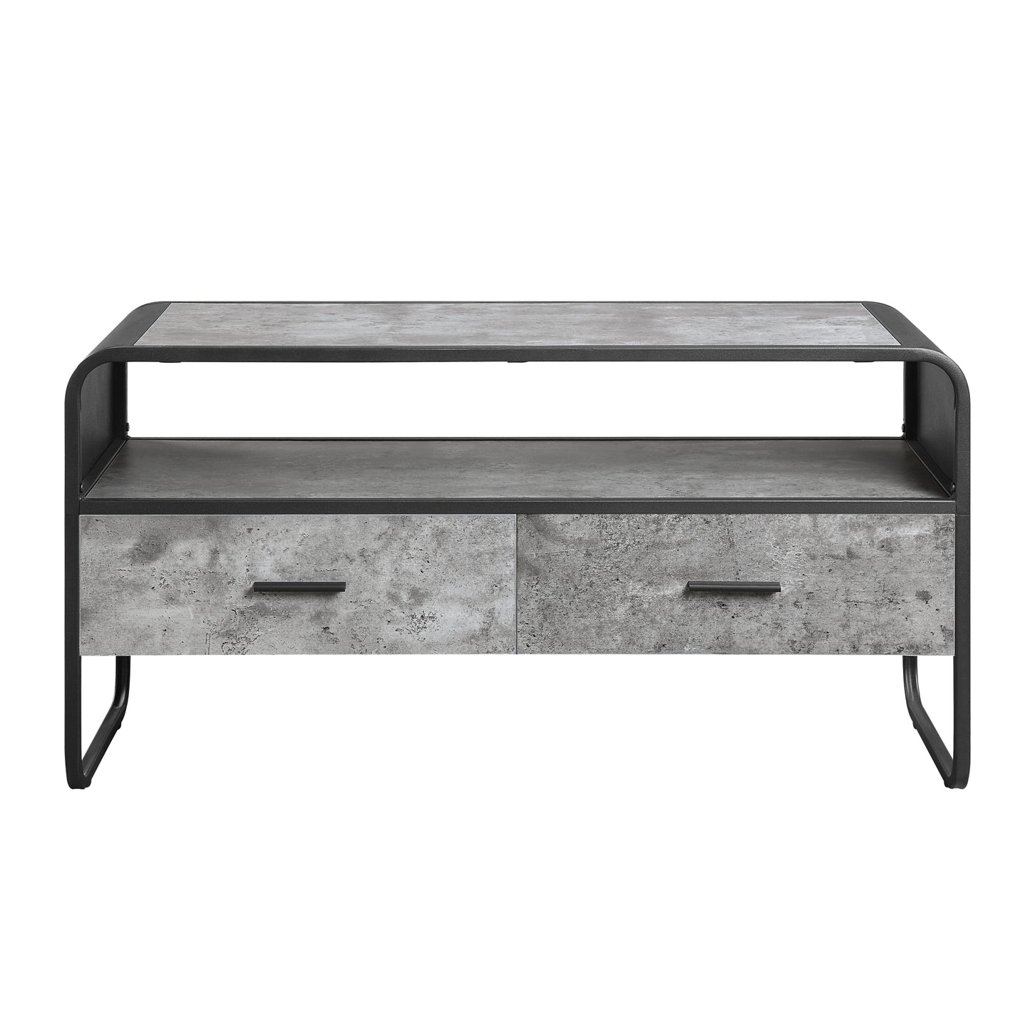 Modern TV Stand with Faux Concrete Shelves in Gray & Black Finish