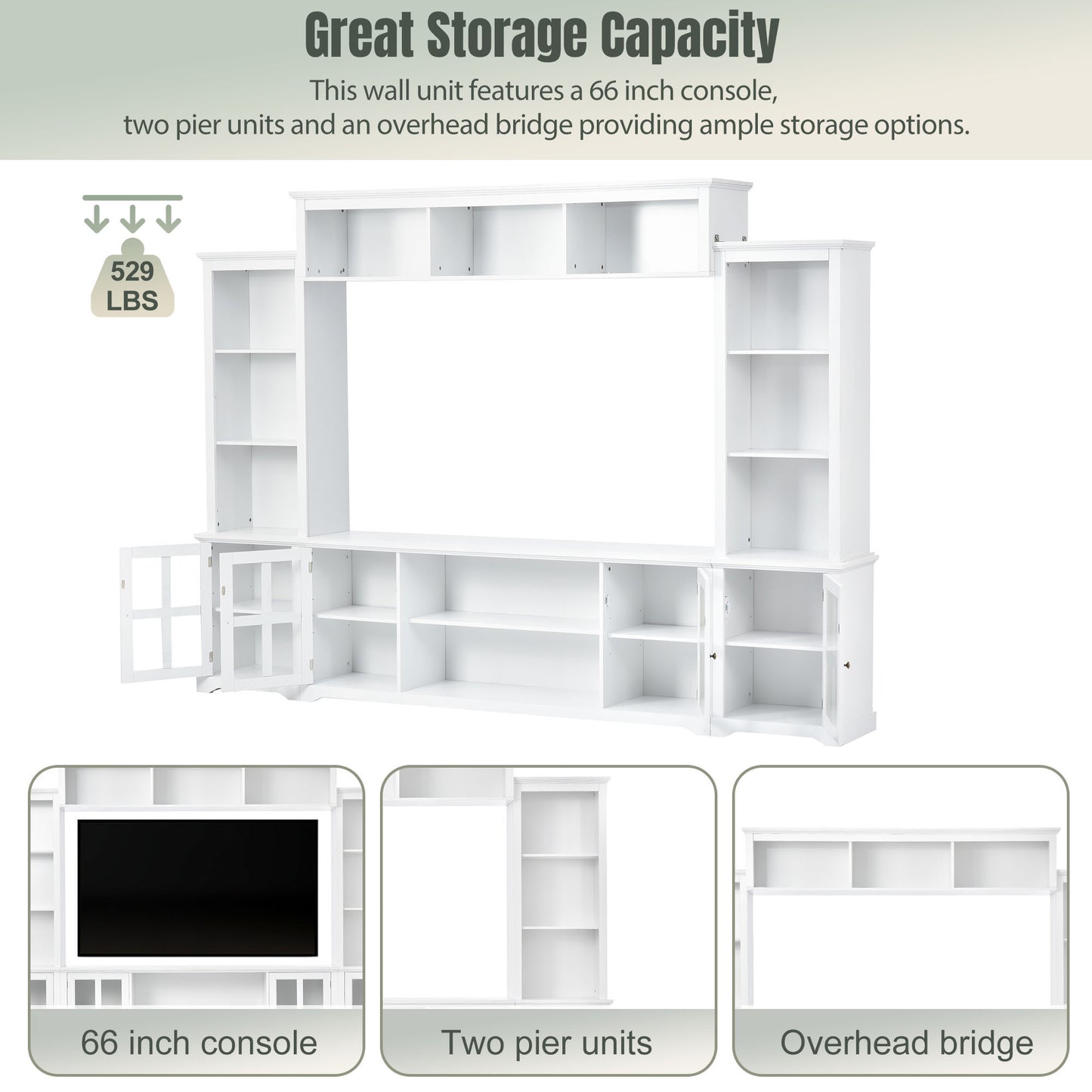 Modern White Entertainment Wall Unit with Bridge and Tempered Glass Door for TVs Up to 70