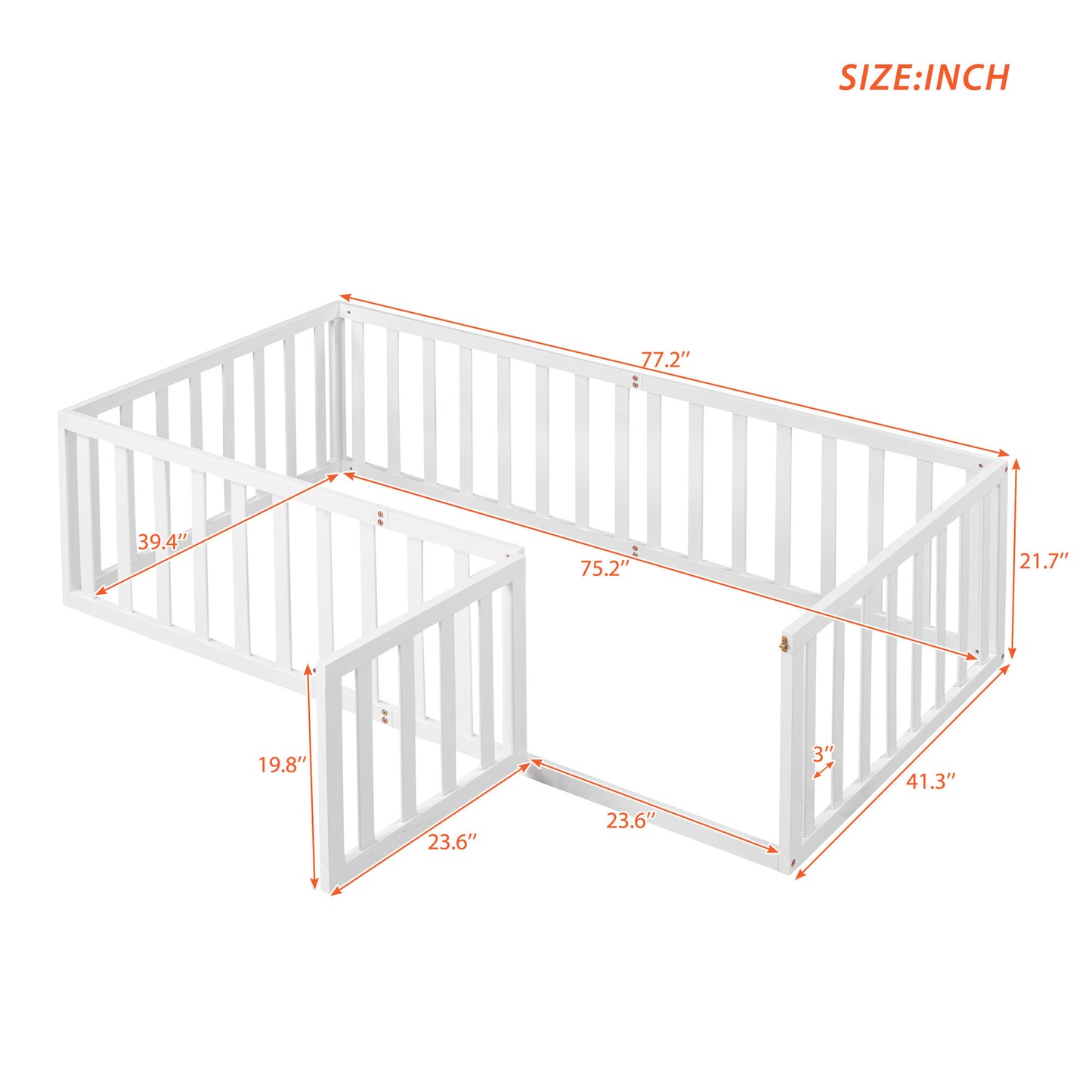 Twin Size Wood Floor Bed Frame with Fence and Door, White( :WF289661AAK)