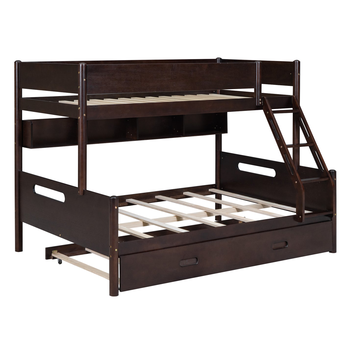 Espresso Wood Bunk Bed with Twin Over Full, Storage Shelves, Trundle, and Sturdy Construction