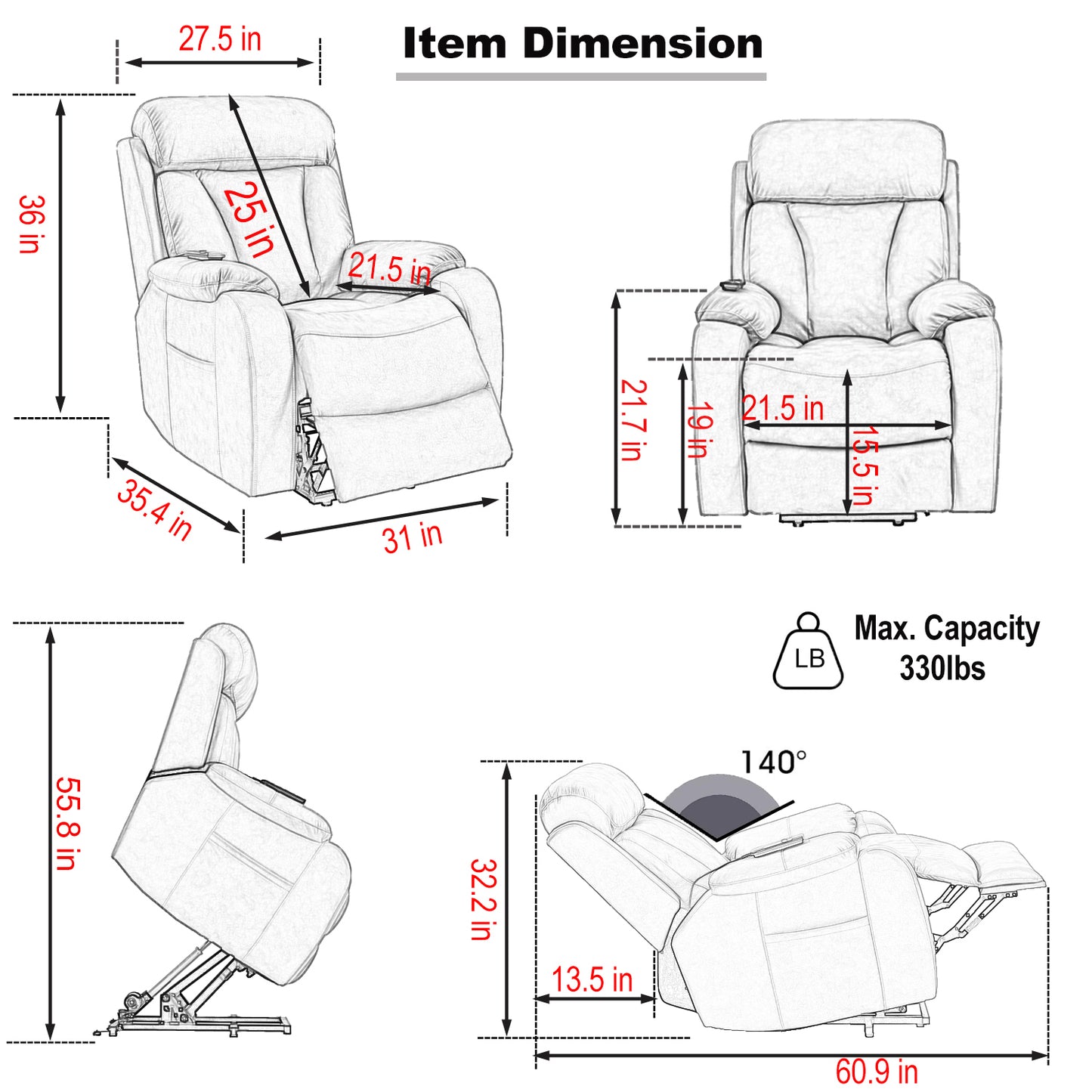 Elderly Power Lift Recliner Chair with Remote Control, Dark Gray Fabric