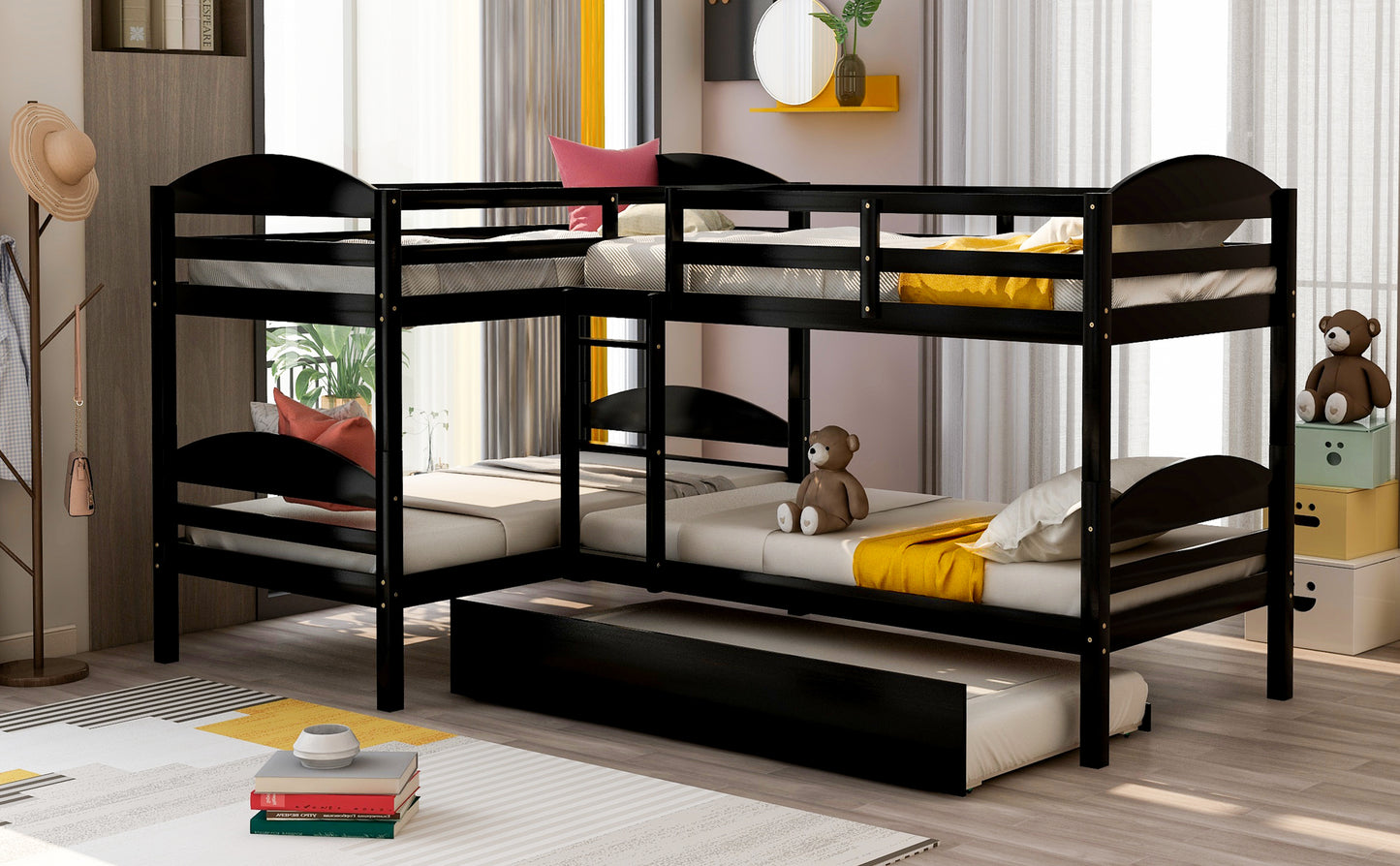 L-Shaped Bunk Bed with Trundle in Espresso Finish - Space-Saving Twin Bed Set for Families and Sleepovers