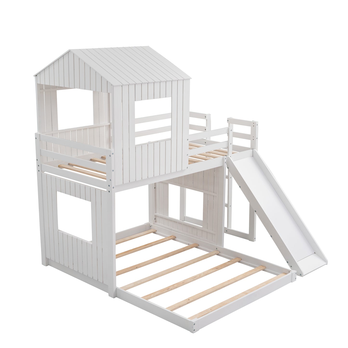 White Wooden Bunk Bed with Playhouse and Slide - Farmhouse Style