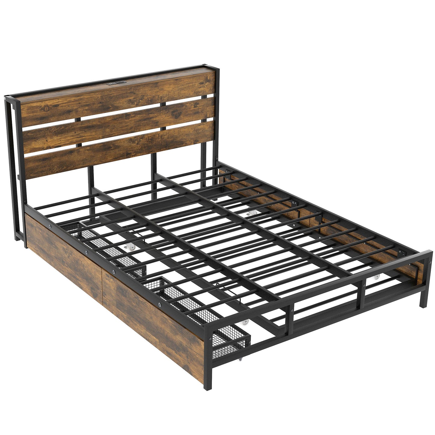 Metal Platform Bed With Drawers and trundle, Sockets and USB Ports, Queen,Black