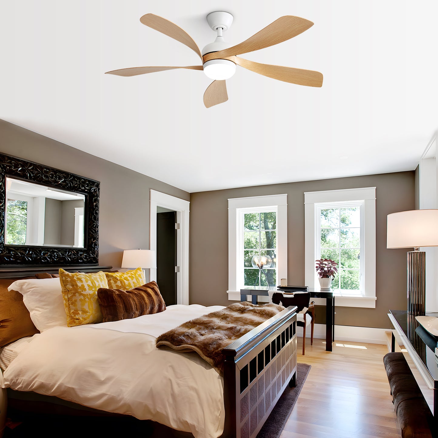 Silent 52 Inch Wooden Indoor Ceiling Fan with Smart LED Light and Reversible Motor for Bedroom