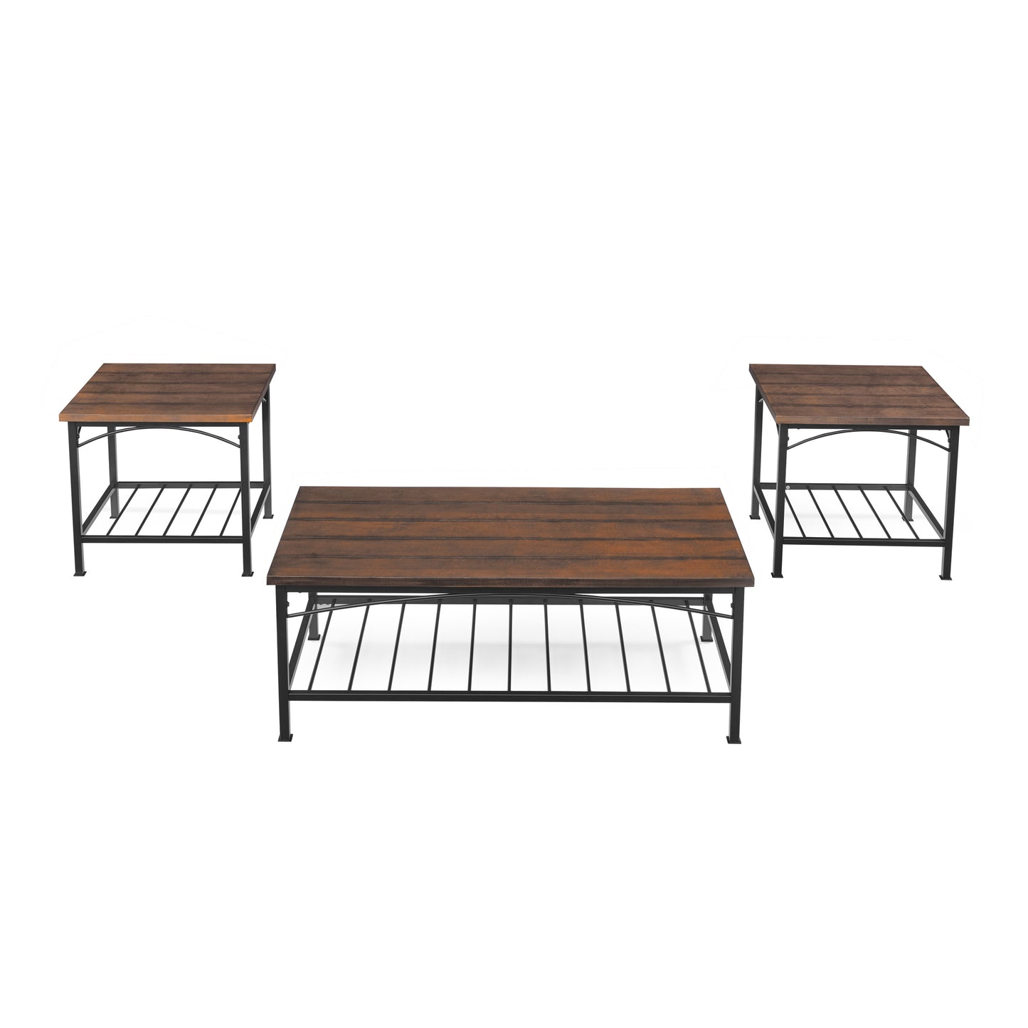 3 Piece Rustic Brown Coffee Table Set with Open Storage for Home and Office