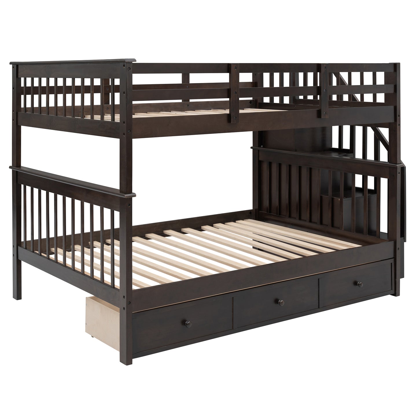 Espresso Wooden Staircase Bunk Bed with Storage and Drawer