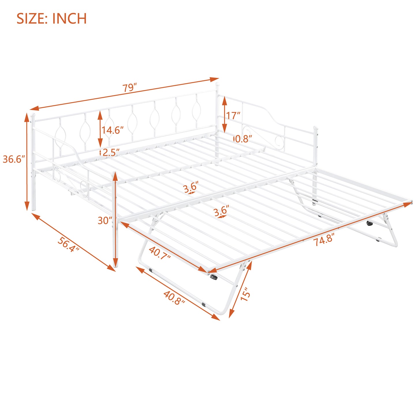 Full Size Metal Daybed with Twin Size Adjustable Trundle, Portable Folding Trundle, White(OLC SKU:MF293730AAK)