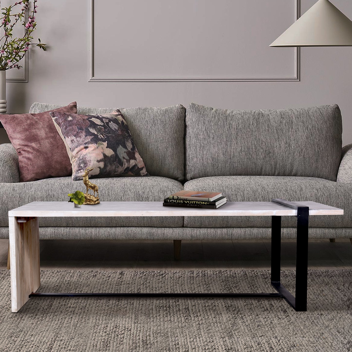 Farmhouse Coffee Table with Wooden Top and Geometric Metal Frame, Gray/Black Dual Tone