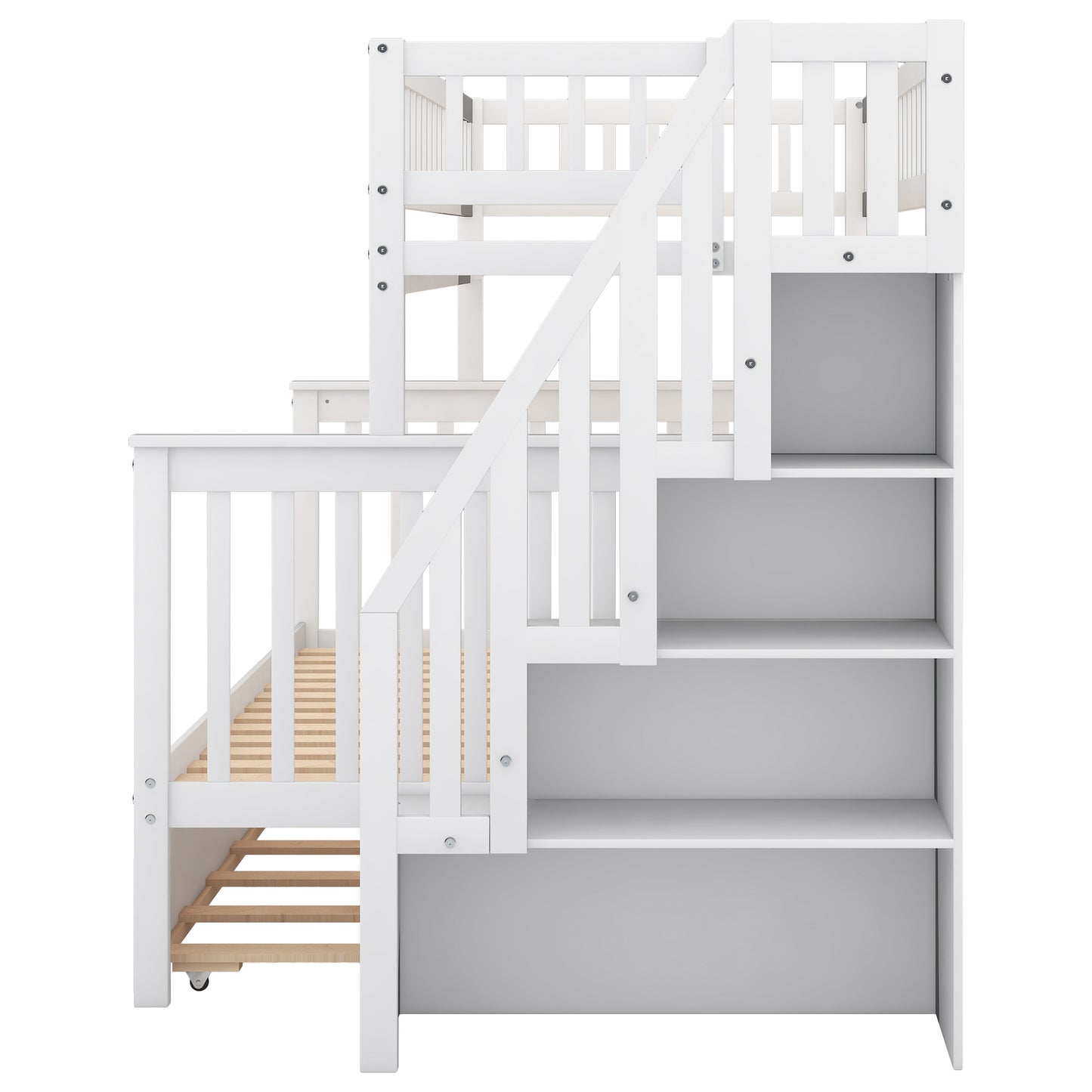 White Twin over Full Bunk Bed with Trundle and Staircase for Shared Sleeping Spaces