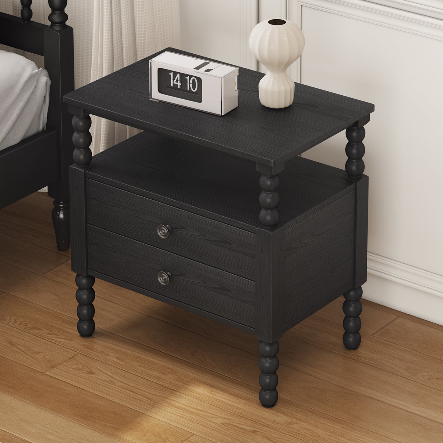 Gourd Shaped Leg 2 Drawer Nightstand, Antique Black