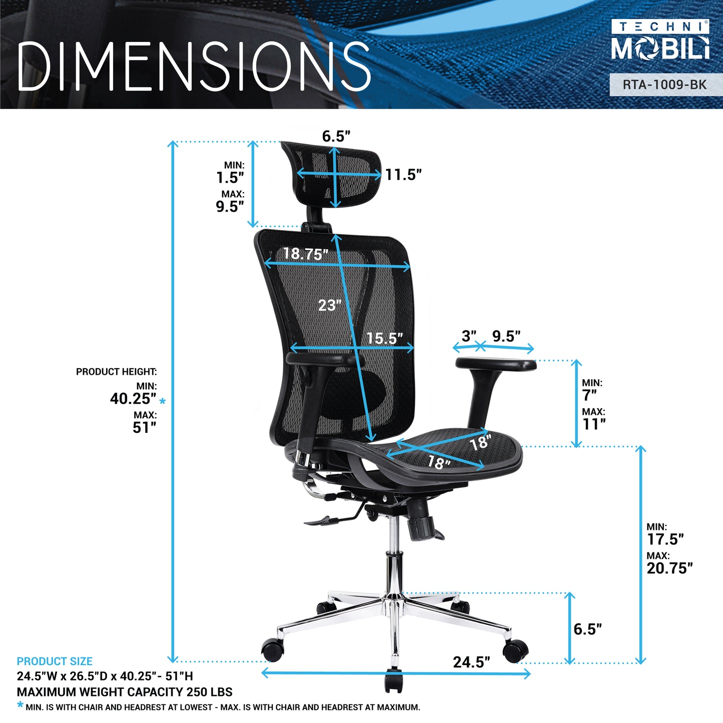 High Back Executive Mesh Office Chair with Arms, Headrest and Lumbar Support , Black