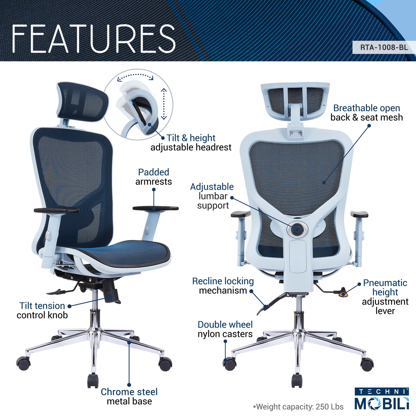 High Back Executive Mesh Office Chair with Arms, Headrest and Lumbar Support, Blue