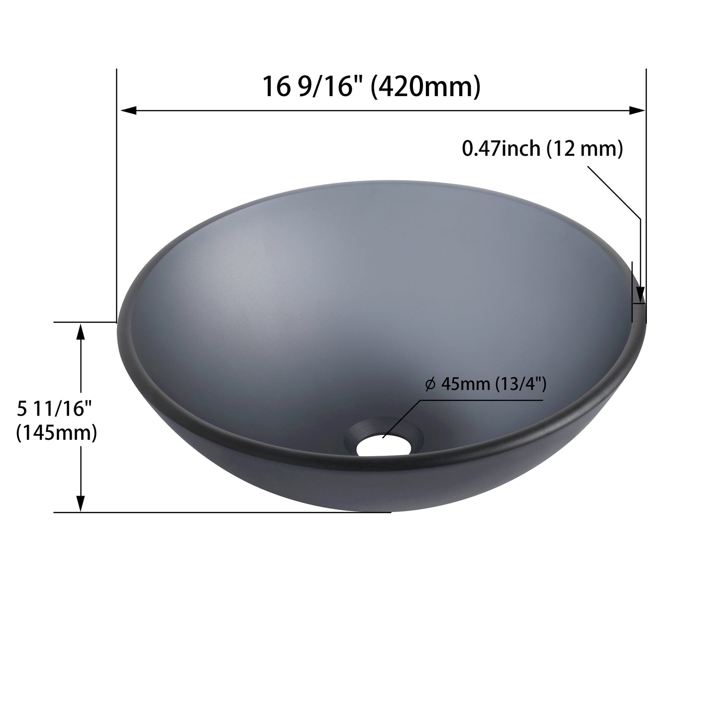 Tempered Glass Matte Bathroom Vessel Sink, Round Bathroom Basin (Tempered Glass Matt Gray)