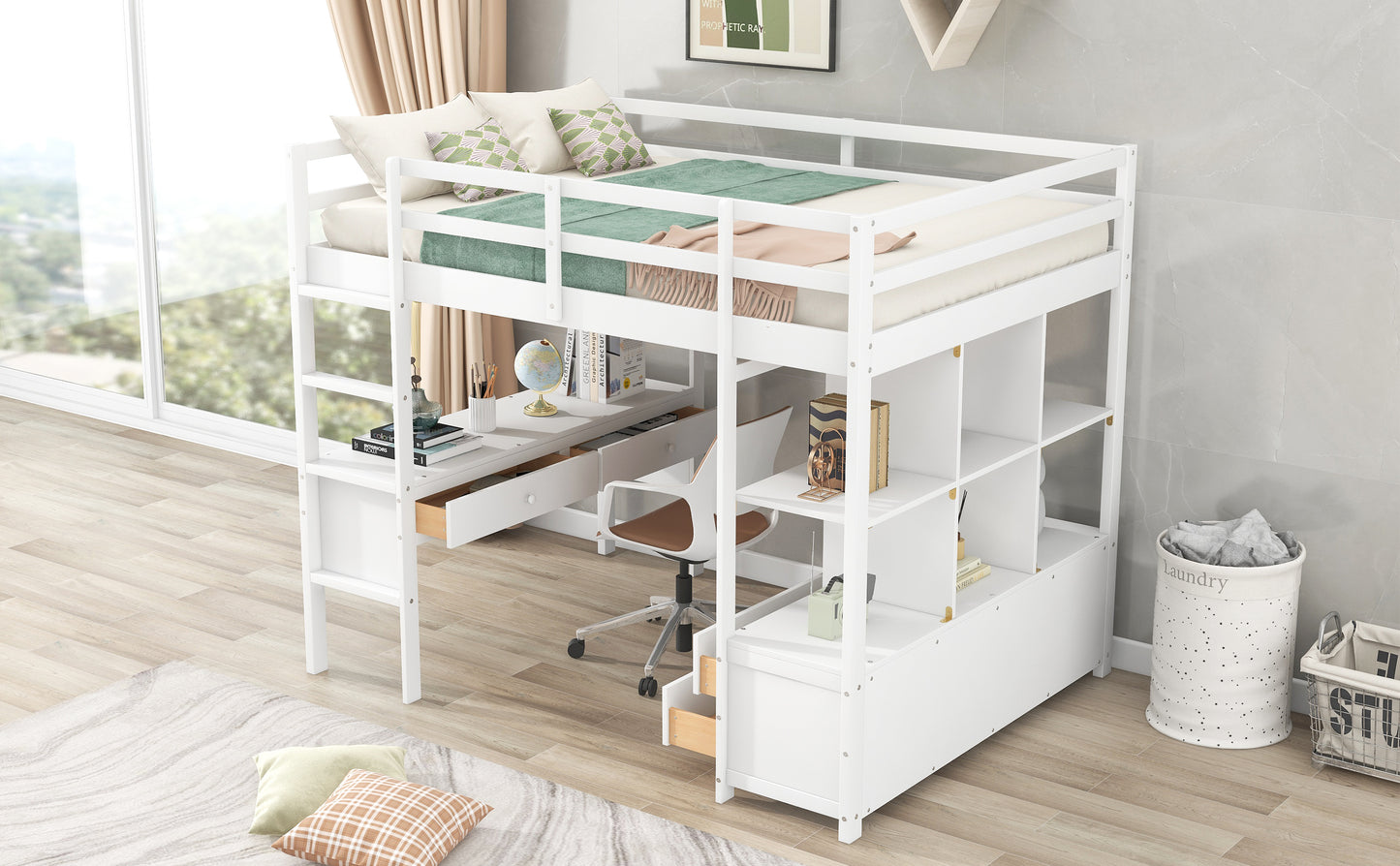 Full Size Loft Bed with Built-in Desk with Two Drawers, and Storage Shelves and Drawers,White